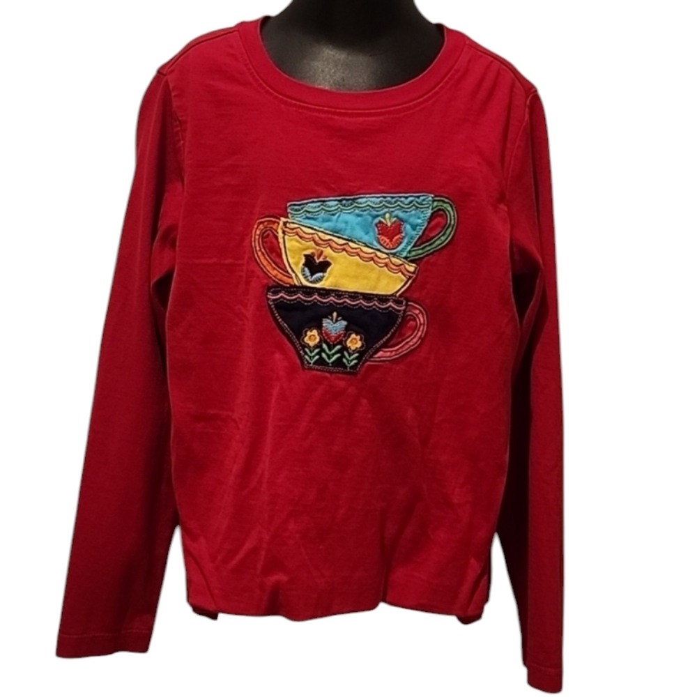 Hanna Andersson Red Tea Cup Applique Long Sleeve T Shirt 130